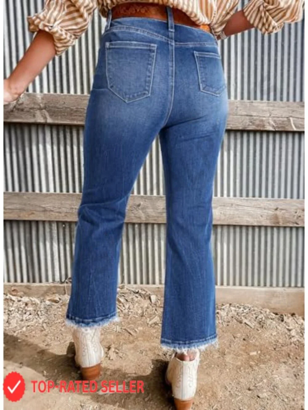 High Waisted Stretchy Flared Jeans Trendy Mineral Wash Raw Hem